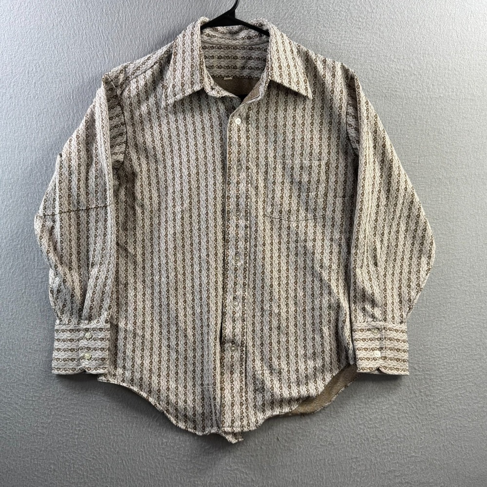 Vintage 70s Shirt Mens 16 (Fits Small) Beige Button Up Disco Polyester